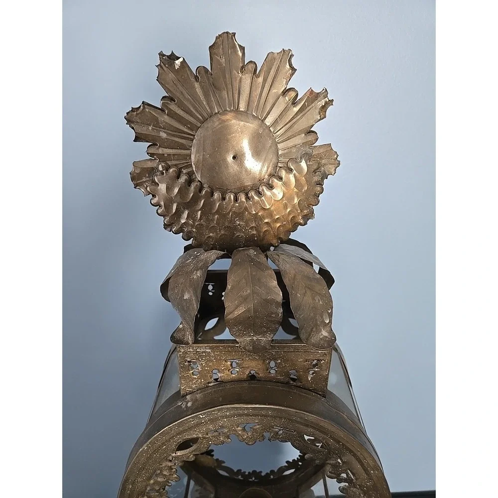 Baroque Mexican Tin Metal Lantern Lamp Ornate Handmade‎ Pedestal Sun Flower